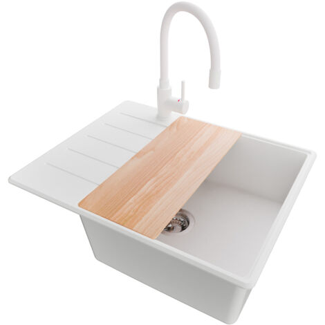 PRIMAGRAN Evier Cuisine en Granit 62x50cm, Lavabo 1 bac + Robinet 38x14cm + Kit de Vidage + Accessoire, Évier à Encastrer au meuble 50cm - Copenhague, Blanc (1/5)