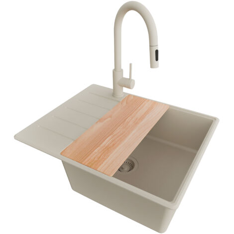 PRIMAGRAN Evier Cuisine en Granit 62x50cm, Lavabo 1 bac + Robinet 40x20cm + Kit de Vidage + Accessoire, Évier à Encastrer au meuble 50cm - Copenhague, Beige (1/5)