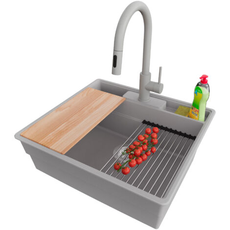 PRIMAGRAN Evier Cuisine en Granit 58x53cm,Lavabo 1 bac + Robinet 40x20cm + Kit de Vidage + Accessoires, Évier à Encastrer au meuble 60cm - New York, Gris (1/5)