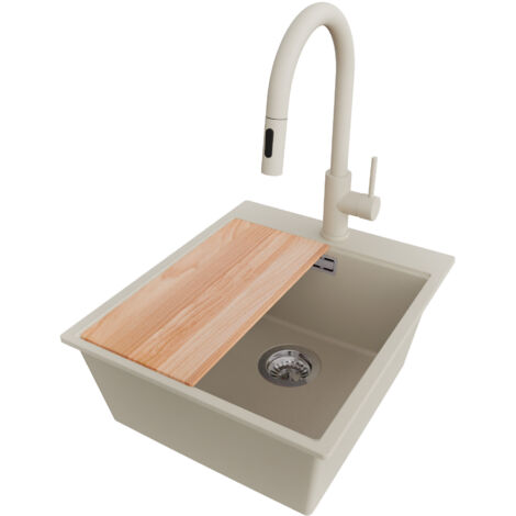PRIMAGRAN Evier Cuisine en Granit 43x50cm,Lavabo 1 bac + Robinet 40x20cm + Kit de Vidage + Planche à Découper, Évier à Encastrer au meuble 45cm - Oslo, Beige (1/5)