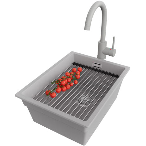 PRIMAGRAN Evier Cuisine en Granit 36x47cm, Lavabo 1 bac + Robinet 32x20cm + Kit de Vidage + Accessoire, Évier à Encastrer au meuble 40cm - Prague Slim, Gris (1/5)