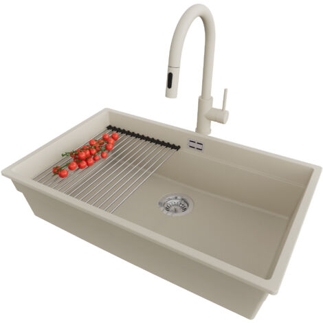 PRIMAGRAN Evier Sous Plan 76x47cm,Evier en Granit 1 bac + Robinet 40x20cm + Kit de Vidage + Égouttoir Enroulable, Évier au meuble 80cm - Prague, Beige (1/5)