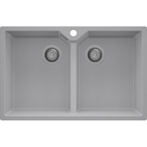 PRIMAGRAN Evier Cuisine en Granit 78x50cm,Lavabo 2 bacs + Kit de Vidage, Évier à Encastrer au meuble 80cm - Madrid Twin, Gris