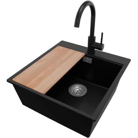 PRIMAGRAN Evier Cuisine en Granit 48x50cm,Lavabo 1 bac + Robinet 32x20cm + Kit de Vidage + Planche à Découper, Évier à Encastrer au meuble 50cm - Oslo, Noir (1/5)