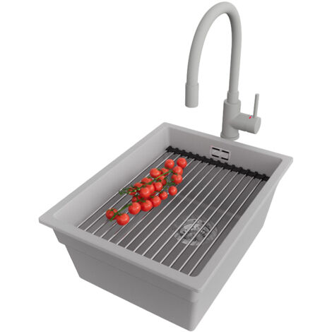 PRIMAGRAN Evier Cuisine en Granit 36x47cm, Lavabo 1 bac + Robinet 38x14cm + Kit de Vidage + Accessoire, Évier à Encastrer au meuble 40cm - Prague Slim, Gris (1/5)