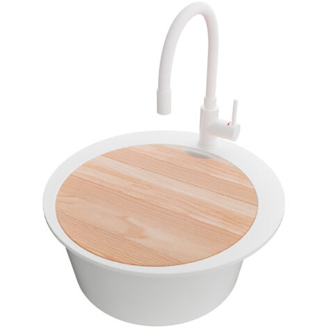 PRIMAGRAN Evier cuisine Granit Rond 50x50cm, Evier 1 bac + Robinet 38x14cm + Kit de Vidage + Accessoire, Lavabo Cuisine au meuble 45cm - Pise, Tout Blanc (1/5)