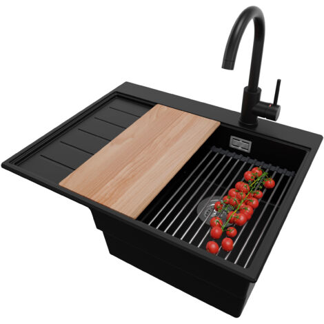 PRIMAGRAN Evier Cuisine en Granit 62x50cm,Lavabo 1 bac + Robinet 32x20cm + Kit de Vidage + Accessoires, Évier à Encastrer au meuble 40cm - Sydney, Noir (1/5)