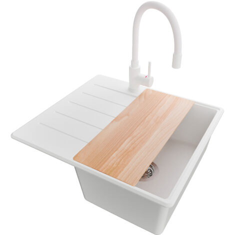 PRIMAGRAN Evier Cuisine en Granit 55x50cm, Lavabo 1 bac + Robinet 38x14cm + Kit de Vidage + Accessoire, Évier à Encastrer au meuble 40cm - Copenhague, Blanc (1/5)