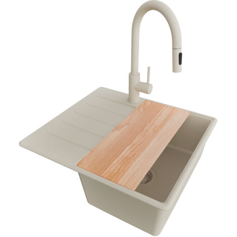 PRIMAGRAN Evier Cuisine en Granit 55x50cm, Lavabo 1 bac + Robinet 40x20cm + Kit de Vidage + Accessoire, Évier à Encastrer au meuble 40cm - Copenhague, Beige (1/5)