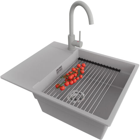 PRIMAGRAN Evier Cuisine en Granit 62x50cm, Lavabo 1 bac + Robinet 32x20cm + Kit de Vidage + Accessoire, Évier à Encastrer au meuble 50cm - San Francisco, Gris (1/5)