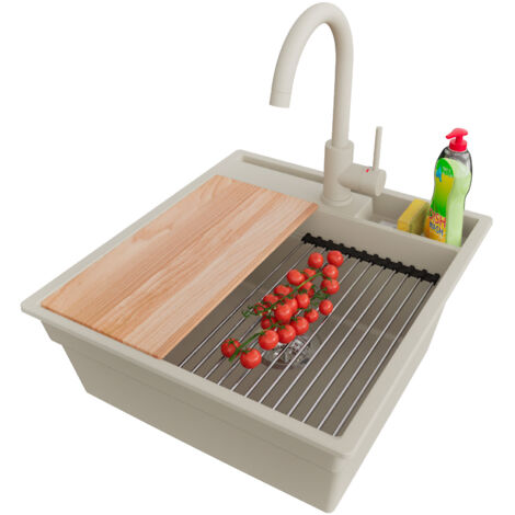 PRIMAGRAN Evier Cuisine en Granit 48x53cm,Lavabo 1 bac + Robinet 32x20cm + Kit de Vidage + Accessoires, Évier à Encastrer au meuble 50cm - Oslo Pocket, Beige (1/5)
