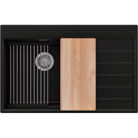 PRIMAGRAN Evier Cuisine en Granit 78x50cm,Lavabo 1 bac + Kit de Vidage + Accessoires, Évier à Encastrer au meuble 50cm - Sydney, Noir Métallisé (1/5)
