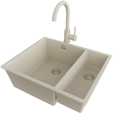 PRIMAGRAN Evier Cuisine en Granit 56x47cm,Lavabo 1,5 bacs + Robinet 32x20cm + Kit de Vidage, Évier à Encastrer au meuble 60cm - London Slim Duo, Beige (1/5)
