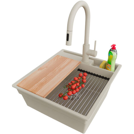 PRIMAGRAN Evier Cuisine en Granit 48x53cm,Lavabo 1 bac + Robinet 40x20cm + Kit de Vidage + Accessoires, Évier à Encastrer au meuble 50cm - Oslo Pocket, Beige (1/5)