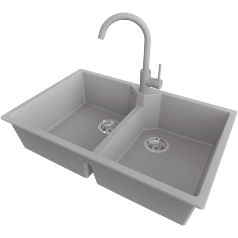 PRIMAGRAN Evier Cuisine en Granit 78x50cm,Lavabo 2 bacs + Robinet 32x20cm + Kit de Vidage, Évier à Encastrer au meuble 80cm - Madrid Twin, Gris (1/5)