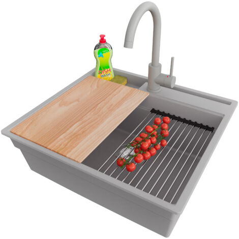 PRIMAGRAN Evier Cuisine en Granit 58x53cm,Lavabo 1 bac + Robinet 32x20cm + Kit de Vidage + Accessoires, Évier à Encastrer au meuble 60cm - Oslo Pocket, Gris (1/5)