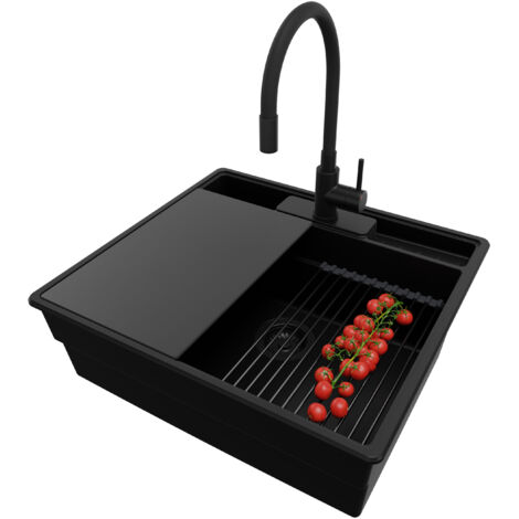PRIMAGRAN Evier Cuisine en Granit 58x53cm,Lavabo 1 bac + Robinet 40x38cm + Kit de Vidage + Accessoires, Évier à Encastrer au meuble 60cm - New York, Tout Noir (1/5)