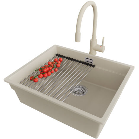 PRIMAGRAN Evier Cuisine en Granit 56x47cm, Lavabo 1 bac + Robinet 38x14cm + Kit de Vidage + Accessoire, Évier à Encastrer au meuble 60cm - Prague Slim, Beige (1/5)