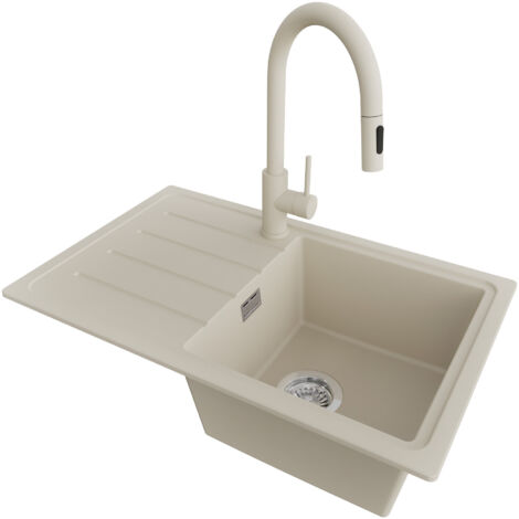 PRIMAGRAN Evier Cuisine en Granit 70x44cm,Lavabo 1 bac + Robinet 40x20cm + Kit de Vidage, Évier à Encastrer au meuble 45cm - Copenhague Easy, Beige (1/5)