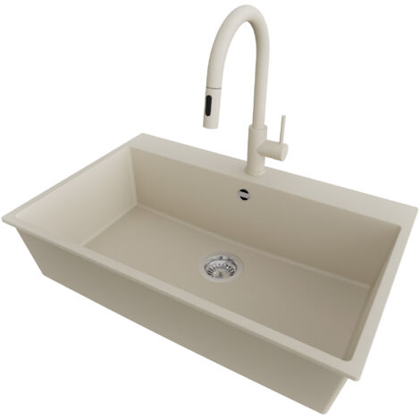 PRIMAGRAN Evier Cuisine en Granit 78x50cm,Lavabo 1 bac + Robinet 40x20cm + Kit de Vidage, Évier à Encastrer au meuble 80cm - Riga, Beige (1/5)