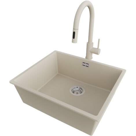 PRIMAGRAN Evier Cuisine en Granit 56x47cm,Lavabo 1 bac + Robinet 40x20cm + Kit de Vidage, Évier à Encastrer au meuble 60cm - London Slim, Beige (1/5)