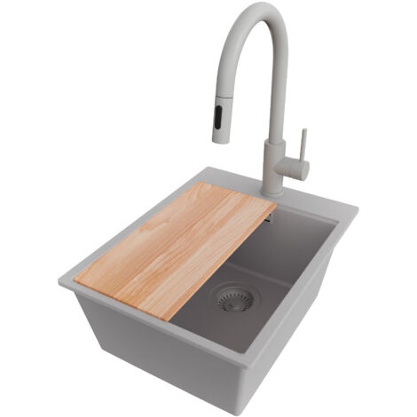 PRIMAGRAN Evier Cuisine en Granit 38x50cm,Lavabo 1 bac + Robinet 40x20cm + Kit de Vidage + Planche à Découper, Évier à Encastrer au meuble 40cm - Oslo, Gris (1/5)