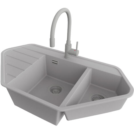 PRIMAGRAN Evier d'angle en Granit 90x50cm,Lavabo Cuisine 1,5 bacs + Robinet 38x14cm + Kit de Vidage, Évier à Encastrer au meuble 70cm - Copenhague Corner, Gris