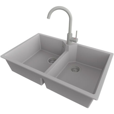 PRIMAGRAN Evier Cuisine en Granit 78x50cm,Lavabo 2 bacs + Robinet 32x20cm + Kit de Vidage, Évier à Encastrer au meuble 80cm - Madrid Twin, Gris (1/5)