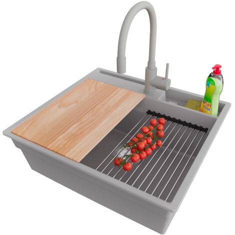 PRIMAGRAN Evier Cuisine en Granit 58x53cm,Lavabo 1 bac + Robinet 38x14cm + Kit de Vidage + Accessoires, Évier à Encastrer au meuble 60cm - Oslo Pocket, Gris (1/5)