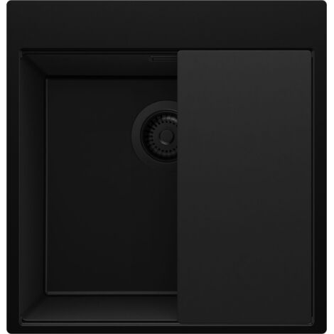 PRIMAGRAN Evier Cuisine en Granit 48x50cm,Lavabo 1 bac + Kit de Vidage + Planche à Découper, Évier à Encastrer au meuble 50cm - Oslo, Tout Noir (1/5)