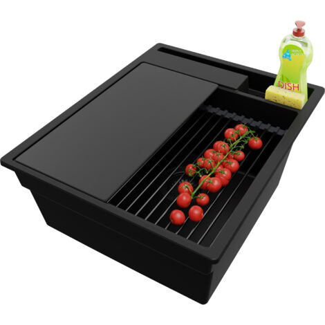 PRIMAGRAN Evier Cuisine en Granit 43x53cm,Lavabo 1 bac + Kit de Vidage + Accessoires, Évier à Encastrer au meuble 45cm - Oslo Pocket, Tout Noir (1/5)