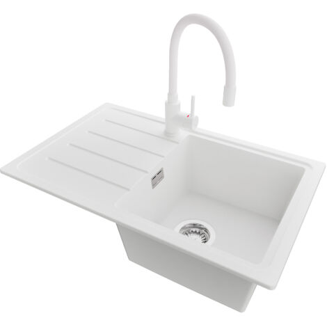 PRIMAGRAN Evier Cuisine en Granit 70x44cm,Lavabo 1 bac + Robinet 38x14cm + Kit de Vidage, Évier à Encastrer au meuble 45cm - Copenhague Easy, Blanc (1/5)