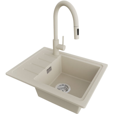 PRIMAGRAN Evier Cuisine en Granit 55x44cm,Lavabo 1 bac + Robinet 40x20cm + Kit de Vidage, Évier à Encastrer au meuble 45cm - Copenhague Easy, Beige (1/5)