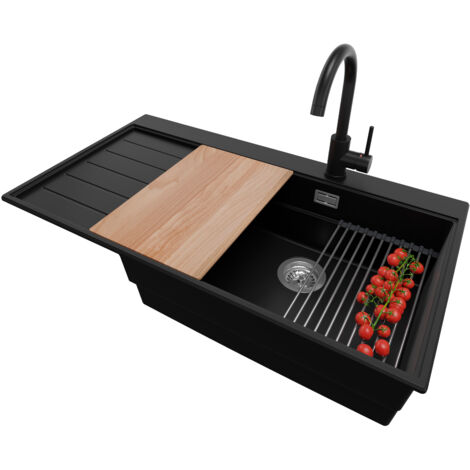 PRIMAGRAN Evier Cuisine en Granit 90x50cm,Lavabo 1 bac + Robinet 32x20cm + Kit de Vidage + Accessoires, Évier à Encastrer au meuble 60cm - Sydney, Noir (1/5)