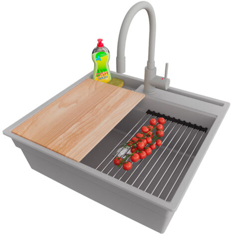 PRIMAGRAN Evier Cuisine en Granit 58x53cm,Lavabo 1 bac + Robinet 38x14cm + Kit de Vidage + Accessoires, Évier à Encastrer au meuble 60cm - Oslo Pocket, Gris (1/5)