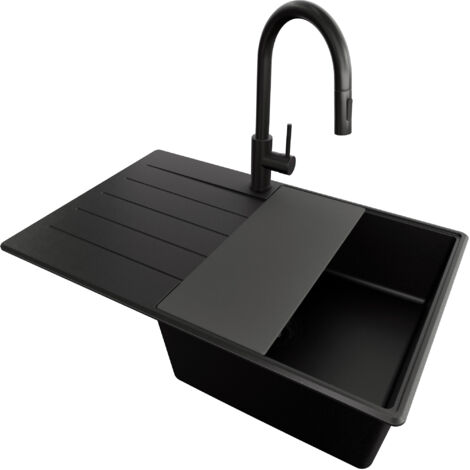 PRIMAGRAN Evier Cuisine en Granit 78x50cm, Lavabo 1 bac + Kit de Vidage + Accessoire, Évier à Encastrer au meuble 50cm - Copenhague, Tout Noir (1/5)