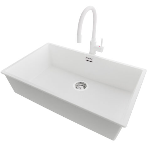 PRIMAGRAN Evier Sous Plan 76x47cm,Evier en Granit 1 bac + Robinet 38x14cm + Kit de Vidage, Évier au meuble 80cm - London, Blanc (1/5)