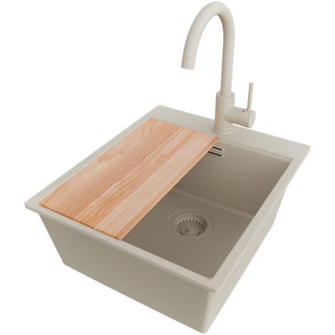 PRIMAGRAN Evier Cuisine en Granit 43x50cm,Lavabo 1 bac + Robinet 32x20cm + Kit de Vidage + Planche à Découper, Évier à Encastrer au meuble 45cm - Oslo, Beige (1/5)