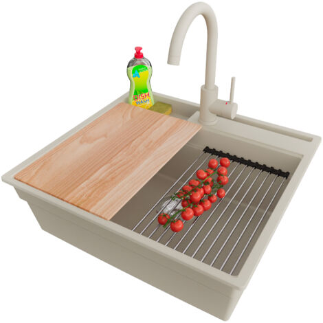 PRIMAGRAN Evier Cuisine en Granit 58x53cm,Lavabo 1 bac + Robinet 32x20cm + Kit de Vidage + Accessoires, Évier à Encastrer au meuble 60cm - Oslo Pocket, Beige (1/5)