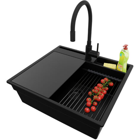 PRIMAGRAN Evier Cuisine en Granit 58x53cm, Lavabo 1 bac + Kit de Vidage + Accessoire, Évier à Encastrer au meuble 60cm - Oslo Pocket, Tout Noir (1/5)