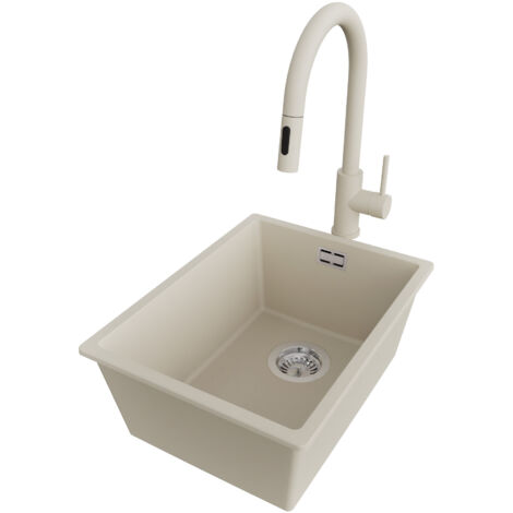 PRIMAGRAN Evier Sous Plan 36x47cm,Evier en Granit 1 bac + Robinet 40x20cm + Kit de Vidage, Évier au meuble 40cm - London, Beige (1/5)