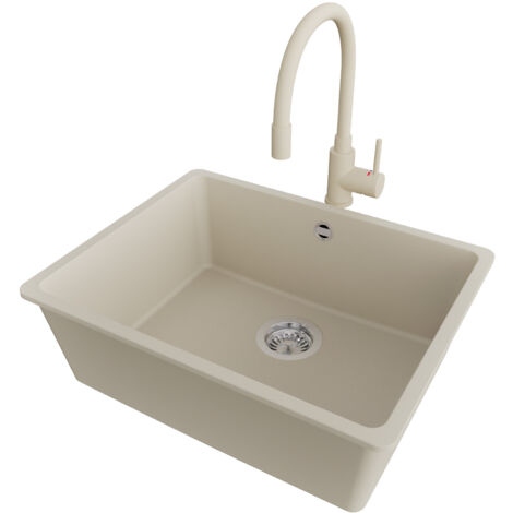 PRIMAGRAN Evier Cuisine en Granit 56x44cm,Lavabo 1 bac + Robinet 38x14cm + Kit de Vidage, Évier à Encastrer au meuble 60cm - Venise Slim Easy, Beige (1/5)