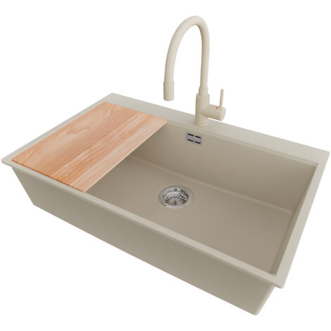 PRIMAGRAN Evier Cuisine en Granit 78x50cm,Lavabo 1 bac + Robinet 38x14cm + Kit de Vidage + Planche à Découper, Évier à Encastrer au meuble 80cm - Oslo, Beige (1/5)