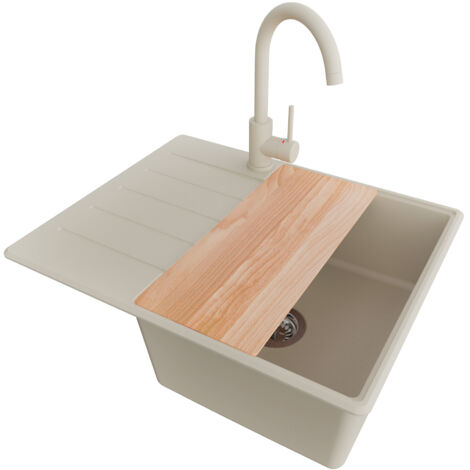 PRIMAGRAN Evier Cuisine en Granit 62x50cm, Lavabo 1 bac + Robinet 32x20cm + Kit de Vidage + Accessoire, Évier à Encastrer au meuble 45cm - Copenhague, Beige