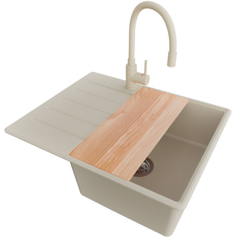 PRIMAGRAN Evier Cuisine en Granit 62x50cm, Lavabo 1 bac + Robinet 38x14cm + Kit de Vidage + Accessoire, Évier à Encastrer au meuble 45cm - Copenhague, Beige (1/5)