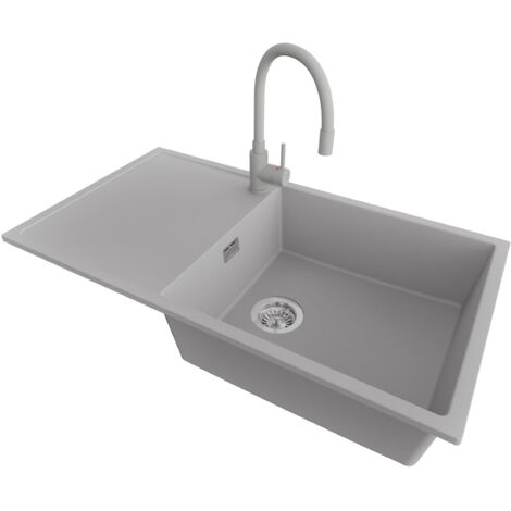 PRIMAGRAN Evier Cuisine en Granit 90x50cm,Lavabo 1 bac + Robinet 38x14cm + Kit de Vidage, Évier à Encastrer au meuble 60cm - Ibiza, Gris (1/5)