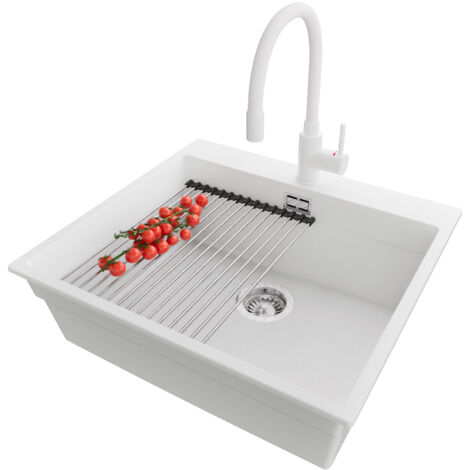 PRIMAGRAN Evier Cuisine en Granit 58x53cm, Lavabo 1 bac + Robinet 38x14cm + Kit de Vidage + Accessoire, Évier à Encastrer au meuble 60cm - Oslo Max, Blanc (1/5)