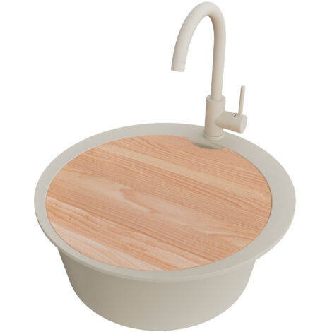 PRIMAGRAN Evier cuisine Granit Rond 53x53cm,Evier 1 bac + Robinet 32x20cm + Kit de Vidage + Planche à Découper, Lavabo Cuisine au meuble 50cm - Pise Max, Beige (1/5)