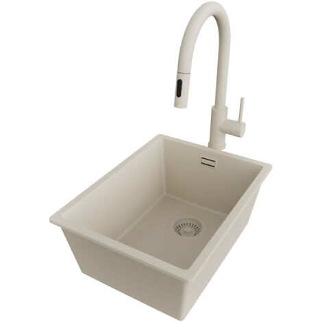 PRIMAGRAN Evier Sous Plan 36x47cm,Evier en Granit 1 bac + Robinet 40x20cm + Kit de Vidage, Évier au meuble 40cm - London, Beige (1/5)