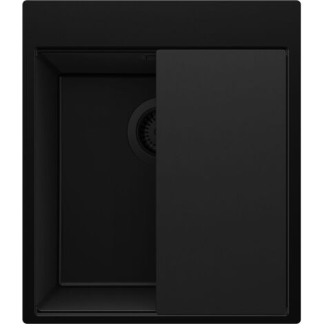 PRIMAGRAN Evier Cuisine en Granit 43x50cm,Lavabo 1 bac + Kit de Vidage + Planche à Découper, Évier à Encastrer au meuble 45cm - Oslo, Tout Noir (1/5)